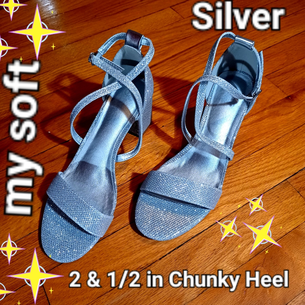 Silver Strappy Chunky Heel Sandals